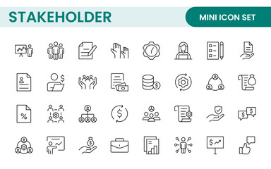 Stakeholder outline icons set. Business, teamwork, trade unions, suppliers, government, customers, creditors, community, investors and partners.