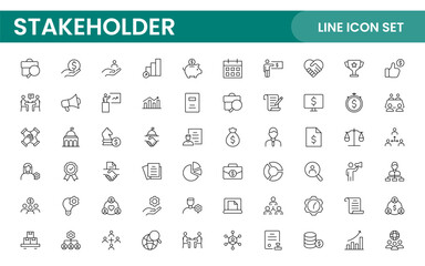 Stakeholder outline icons set. Business, teamwork, trade unions, suppliers, government, customers, creditors, community, investors and partners.