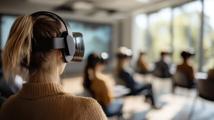 People are seated in a well-lit room, wearing VR headsets and headphones, participating in an immersive virtual reality educational experience with a focus on technology.