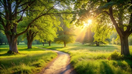 A Tranquil Path Through a Verdant Meadow Bathed in Warm Sunlight  generative AI