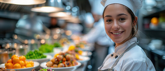 Smiling chef standing in a busy restaurant kitchen with fresh ingredients and dishes in the background, showcasing culinary expertise.