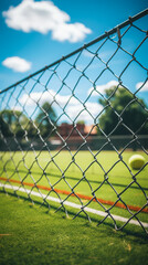 A close-up shot of a tennis court seen through a chain-link fence with a blurred background featuring a blue sky and greenery