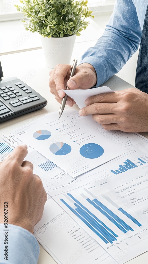 Poster teams analyze financial data on computers, pointing at graphs and discussing strategies in a modern 