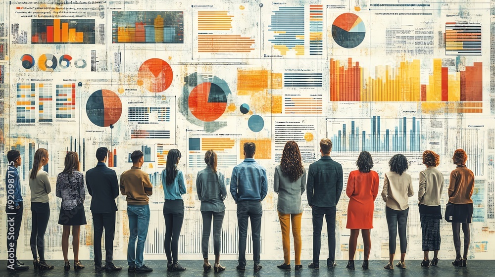 Poster Diverse team analyzing data on a large whiteboard.