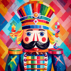 A brightly painted nutcracker soldier with a vivid, geometric background, showcasing festive colors and holiday cheer