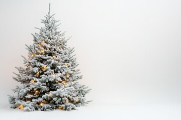 Snow-covered Christmas tree with warm lights, minimalistic style