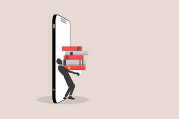 WeCollage Online education concept. book out form smart phone. New course, webinar. Smart thinking and brainstorming