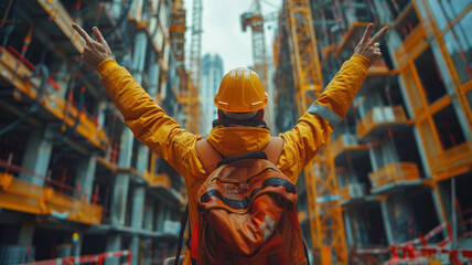 Construction engineer showing the victory sign at construction site.