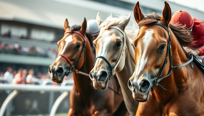 Cross view of horses racing closely in the hippodrome.