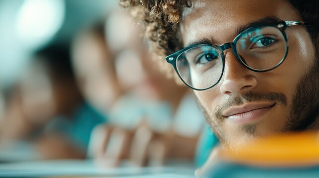 A person wearing glasses is intensely focused on writing while surrounded by others doing similar activities, highlighting themes of diligence and concentration in a busy environment.