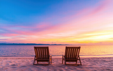 Two wooden chairs on a tranquil beach facing a stunning sunset over the ocean, with a beautiful gradient of colors in the sky.