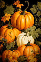 Beautiful autumn-themed illustration featuring a vibrant display of orange and white pumpkins surrounded by leaves capturing the essence of the fall harvest