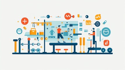 Fototapeta premium Flat Design Gym Interior with People Exercising.