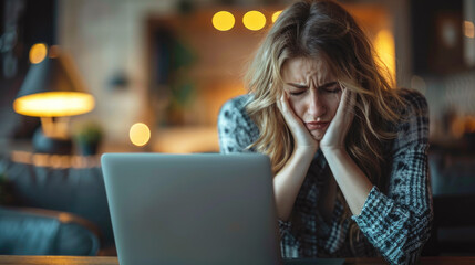 A Caucasian woman with blonde hair sitting at desk in front of computer in office, with headache.