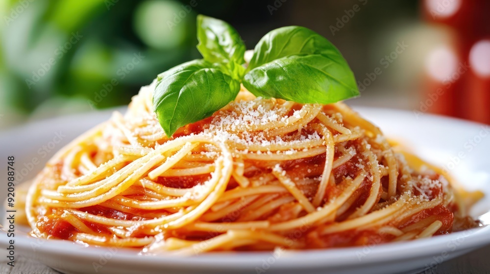 Wall mural A Plate of Spaghetti with Tomato Sauce and Basil