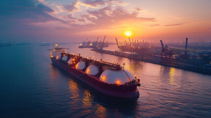 Liquified natural gas carrier with six storage tanks anchored near the harbour gas terminal. Aerial drone photo. Advanced liquefied gas carrier