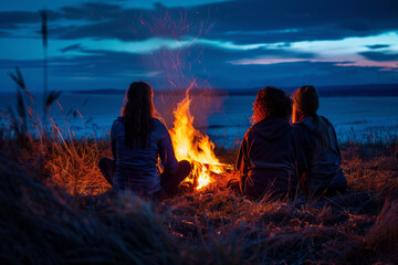 Three female tourists sitting by the fire near the camp on a blue night. Rear view of people against the backdrop of a bright bonfire