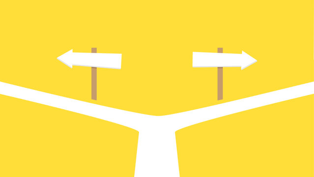 A road splits into two paths with blank white directional signs pointing left and right on a yellow background. Different options to choose from, decision making concept.