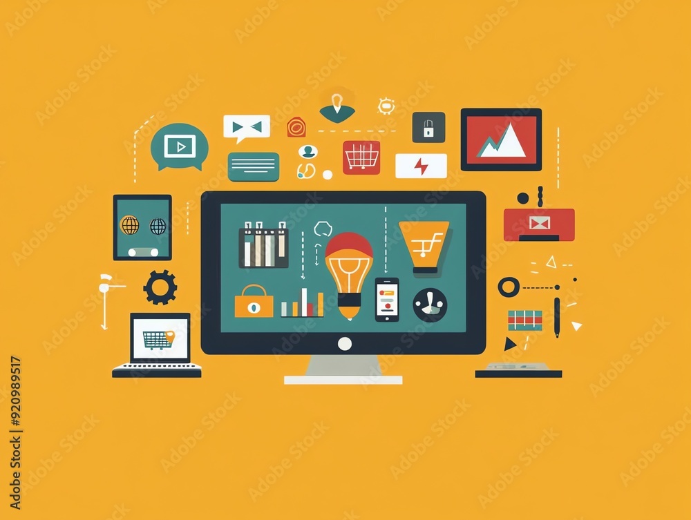 Poster flat design illustration of computer monitor with icons.