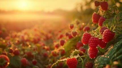 Golden Hour Sunshine on Raspberry Bushes