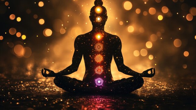 A serene figure meditating in a cosmic atmosphere, representing inner peace