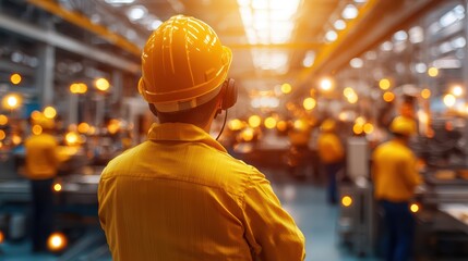 A factory worker in a yellow helmet observes the production floor, showcasing safety and teamwork in a modern industrial environment.