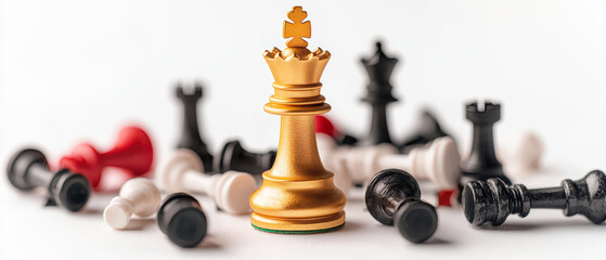 A focused view of a golden chess king surrounded by red and black chess pieces, symbolizing strategy and competition.