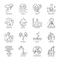 Global warming impact line icon set