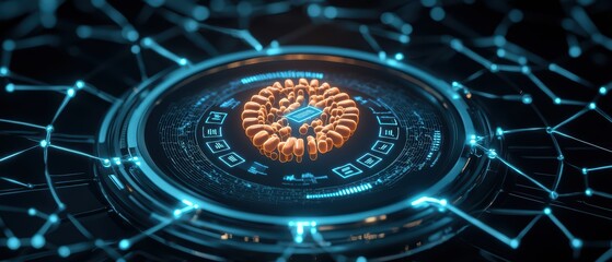 A futuristic circuit design featuring a glowing golden element at its center amidst a web of blue connections.