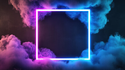 Neon glowing square frame surrounded by colorful clouds of pink and blue vapor against a dark background, creating a futuristic and vibrant visual effect.