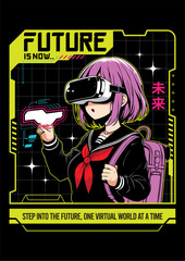 Fototapeta premium Anime girl poster in manga style. Tokyo Japan anime girl with concept of virtual reality,retro,futurism,futuristic,cyberpunk. Japanese y2k vector illustration. Kanji translation is Future