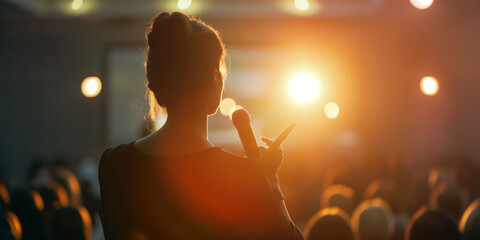 Backlit Female Speaker Presenting at Conference with Microphone to Engaged Audience