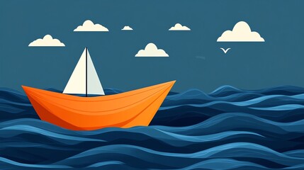 Naklejka premium Paper boat sailing on blue waves.