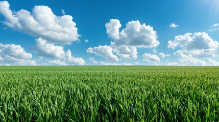Obraz premium A vast green field of lush grass under a bright blue sky with fluffy white clouds, depicting a serene and vibrant summer landscape.
