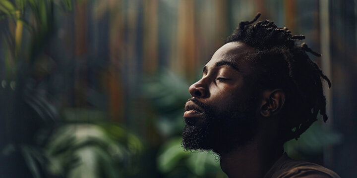 A black man with dreadlocks is meditating in a garden, eyes closed and his face showing serenity.. african man