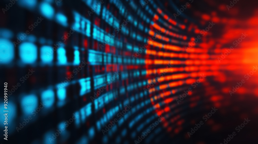 Poster abstract binary code background in red and blue light, representing data transfer, technology, and d