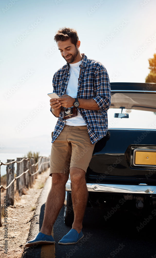 Poster man, road trip and online with mobile by car for navigation app, checking route and directions for j