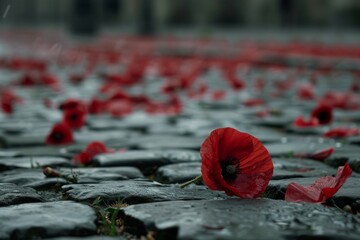 Remembrance day, Red poppy flower is lying on a cobblestone street