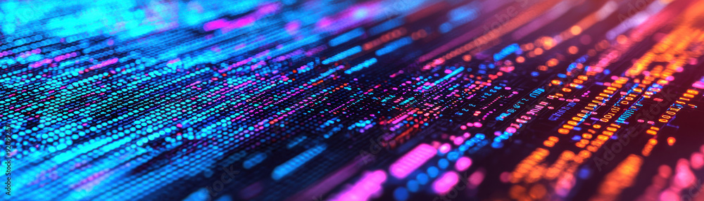 Poster abstract digital landscape with dynamic colorful light lines and data patterns. futuristic technolog