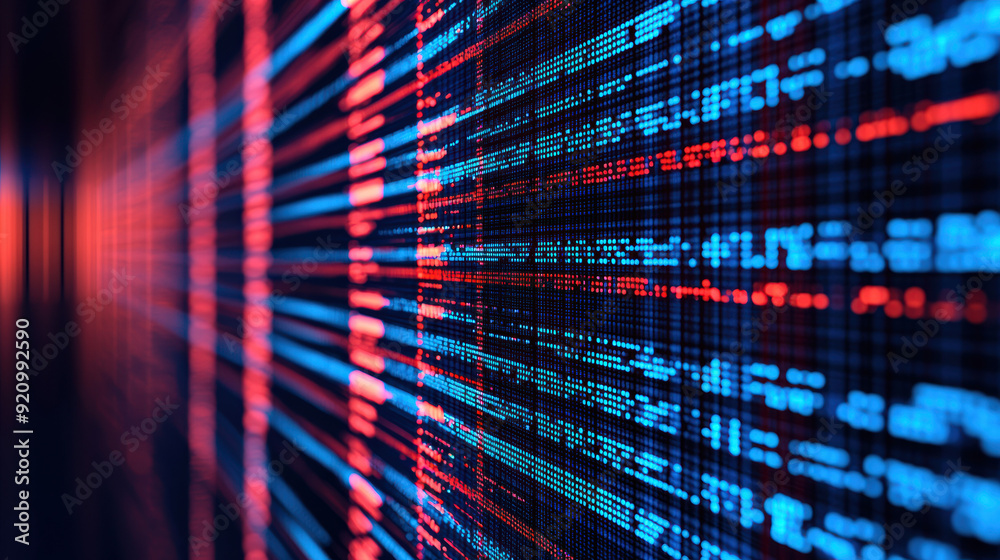 Poster close-up view of digital code data streams, illuminated in vibrant red and blue colors, signifying m