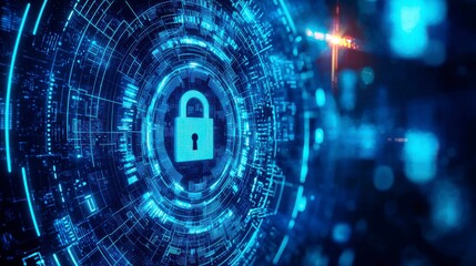 Obraz premium Digital background with pixelated lock and data protection symbols on a blue digital screen