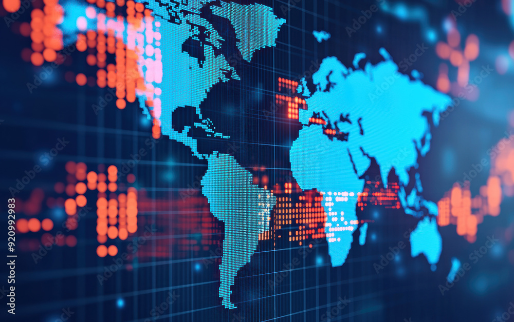 Poster digital world map representing global connections and data flow, showcasing continents with glowing 