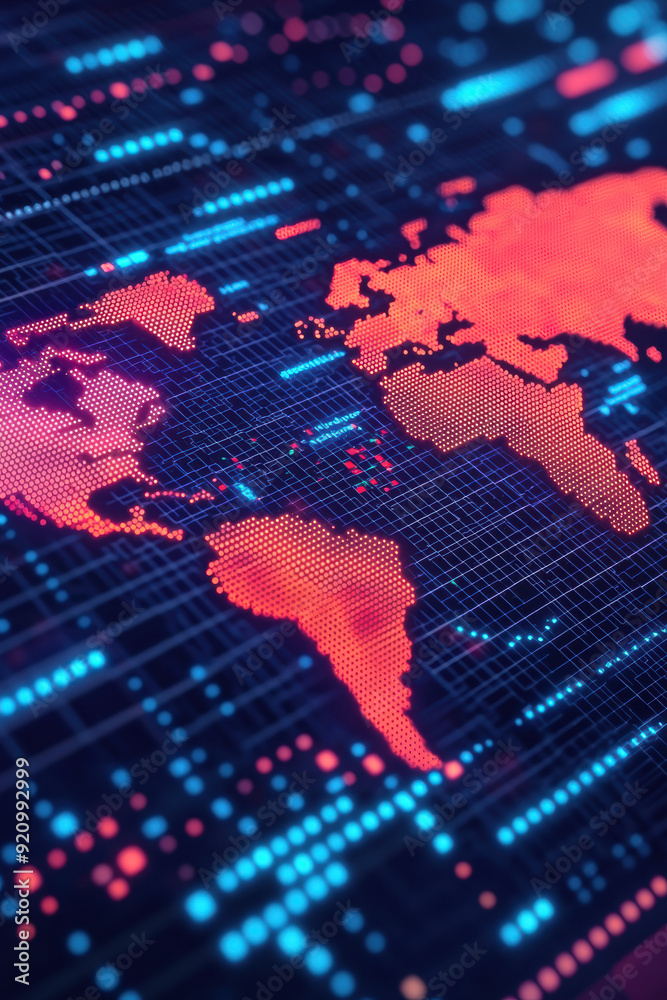 Poster digital world map in neon color. displaying global data visualization, futuristic technology, and vi