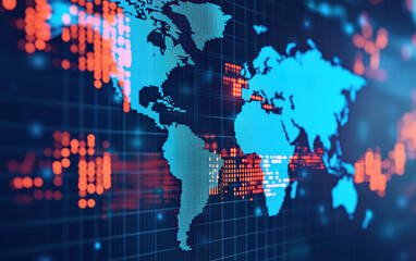 Obraz premium Digital world map representing global connections and data flow, showcasing continents with glowing data points on a dark background.