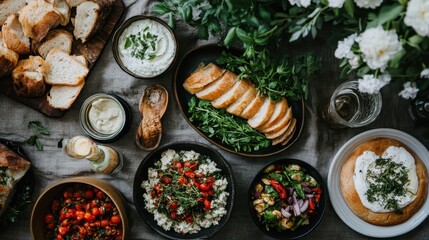 An assorted collection of bread, fresh vegetables, and herbs is artisticly placed on a rustic wooden table, representing a delightful scene of farm-to-table dining.