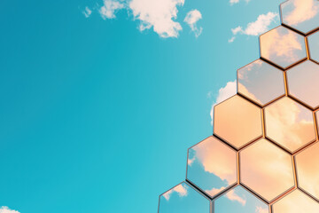 Modern architectural design featuring reflective hexagonal panels against a bright blue sky with scattered clouds, exuding a futuristic aesthetic.