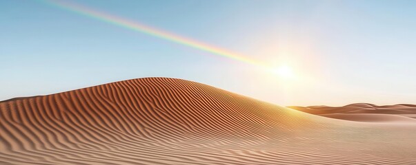Sun flare breaking over a desert landscape, creating a rainbow spectrum against the sandy dunes, photorealistic