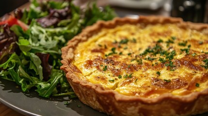 A golden, crusty quiche with a fresh side salad