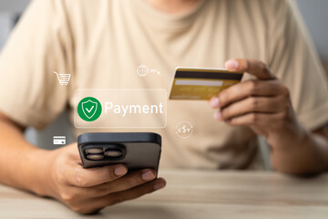 Digital Banking and Online Payment Concept. Man using mobile phone for transactions and online shopping, E-transaction and financial technology modern online shopping experience, Online purchase.
