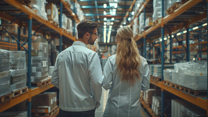 Fototapeta premium Two project managers standing in modern industrial factory, looking at laptop screen. Manufacturing facility with robotics, robotic arms and automation. Storing products and materials in warehouse.